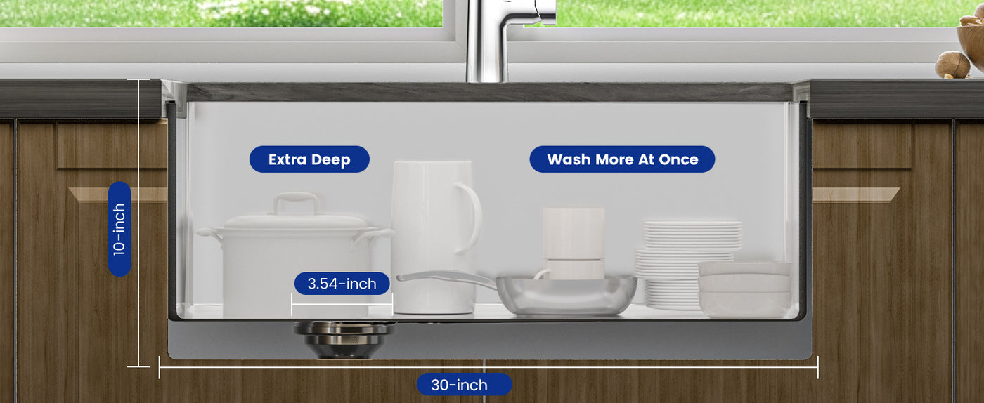 A generously sized 30-inch stainless steel kitchen sink with an extra-deep 10-inch depth and a width of 3.54 inches, allowing you to wash more dishes at once with ease.