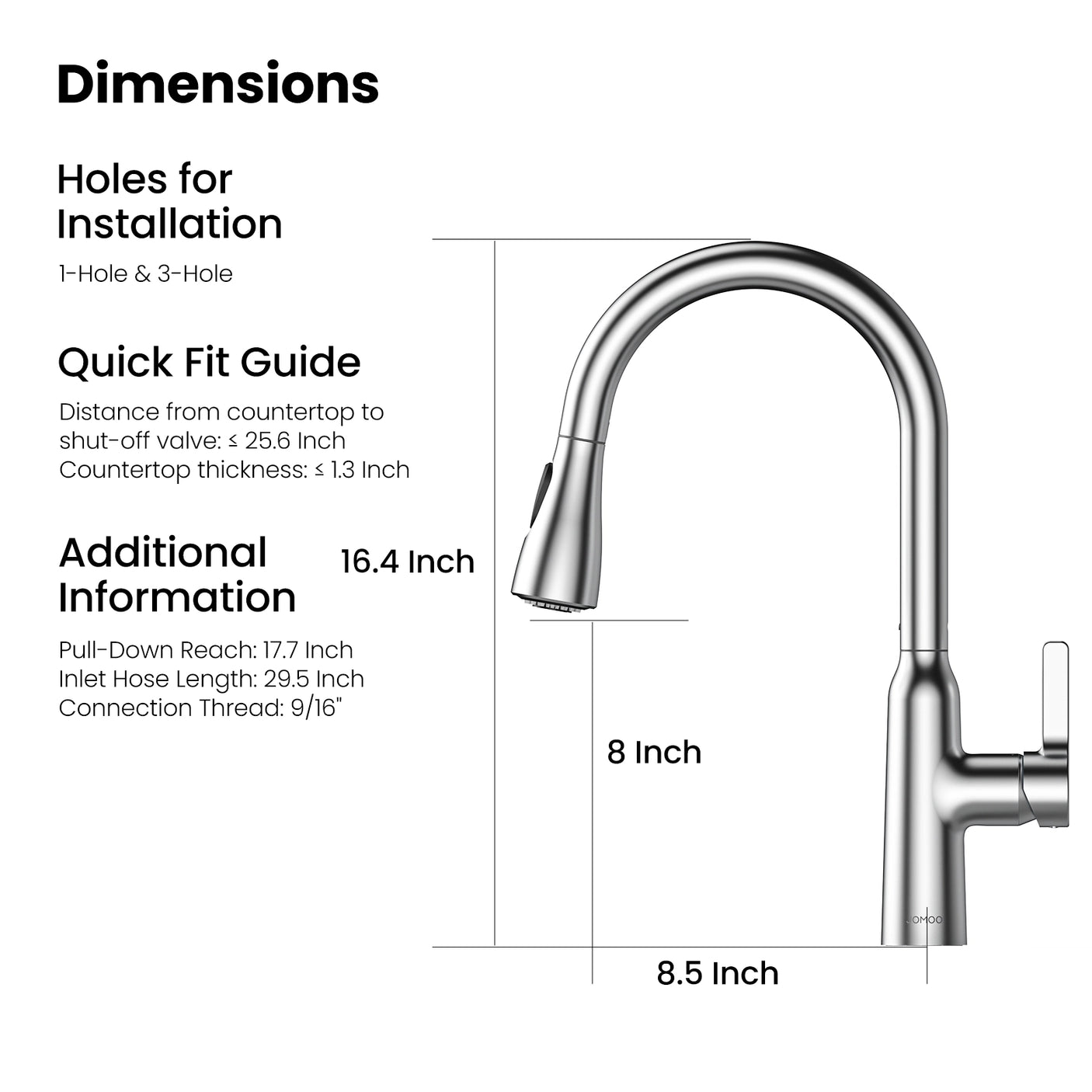 The Dimensions of Jomoo Pull Down Chrome Kitchen Faucet