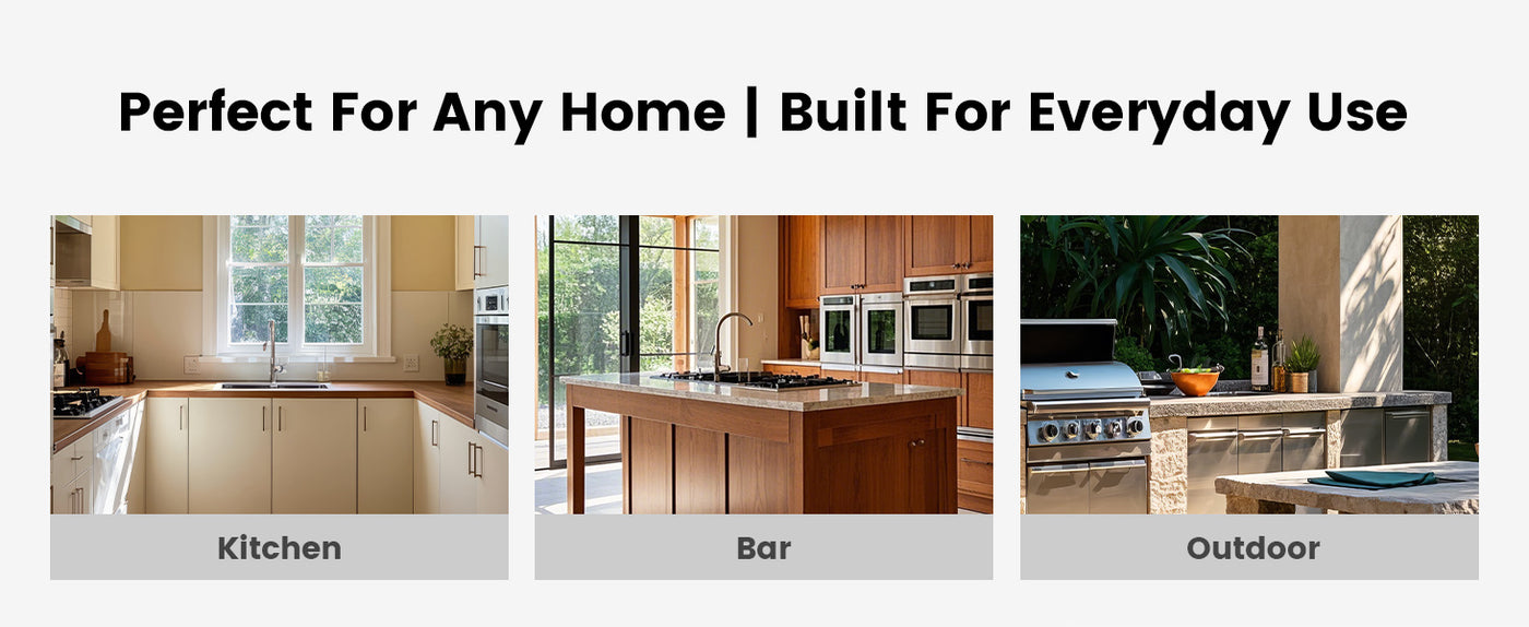 A durable and stylish kitchen sink suitable for various settings including traditional kitchens, modern bars, and outdoor spaces, designed for everyday use with a focus on functionality and aesthetic appeal.