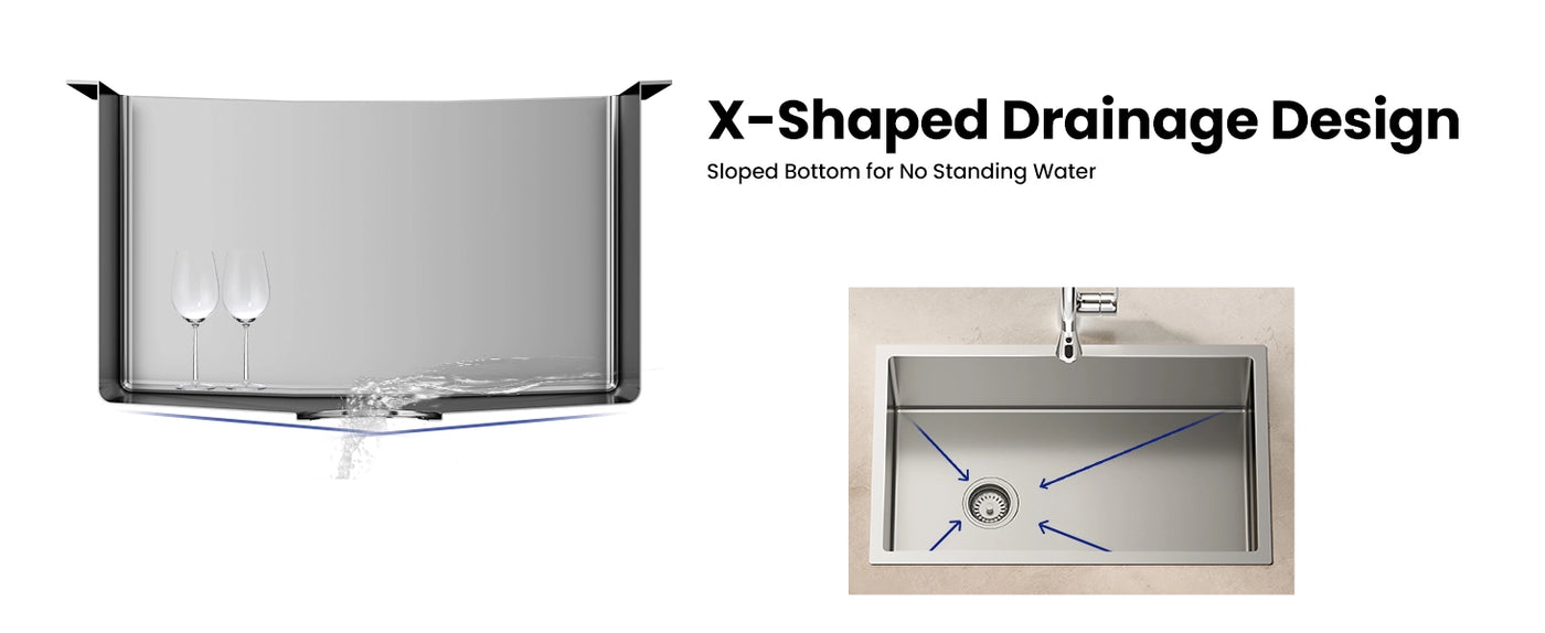 Discover the innovative X-shaped drainage design with a sloped bottom that prevents standing water, ensuring a clean and efficient kitchen sink experience.