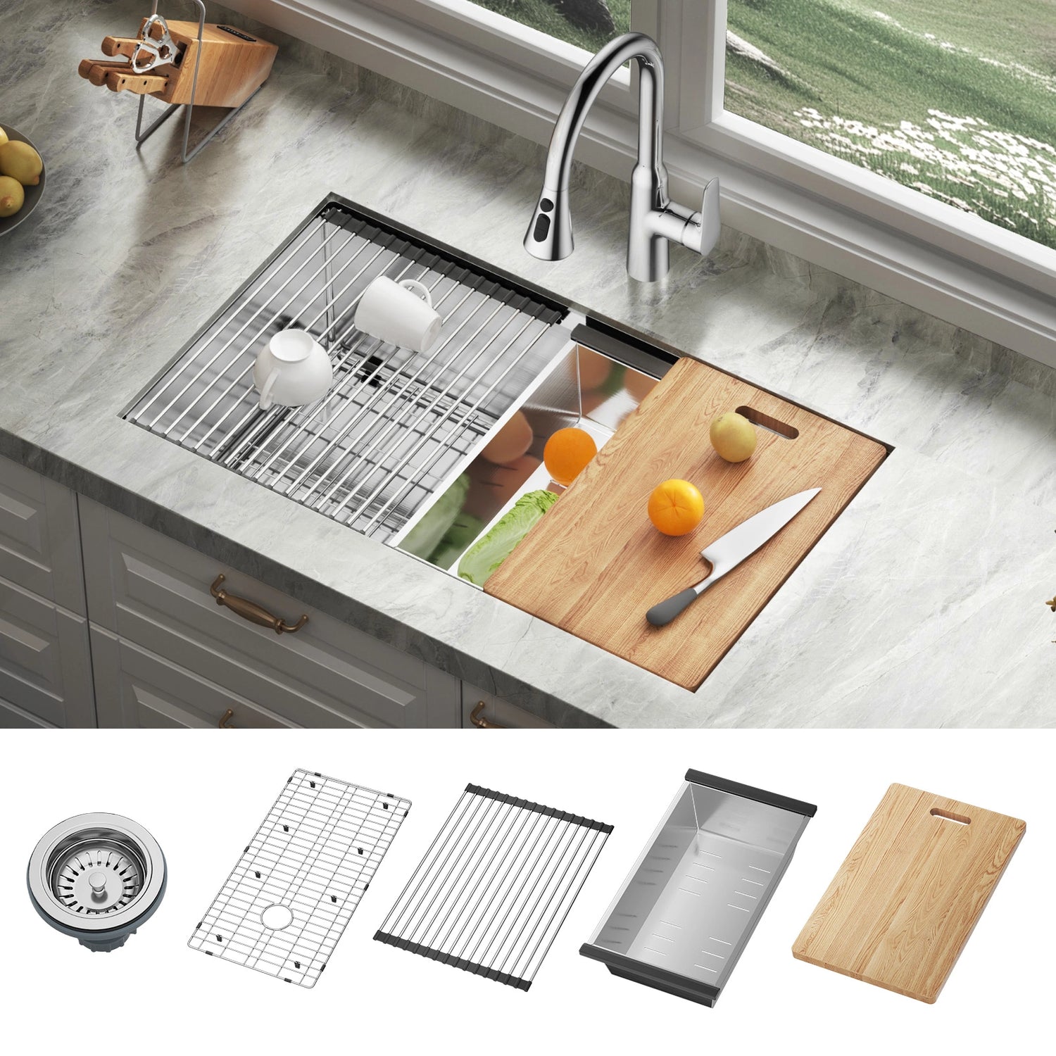 Accessories include: drainer, metal mesh, drain rack, container, cutting board