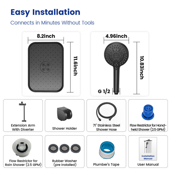 Rainfall Shower Set, 12" Head & High-Pressure Handheld with 10 Spray Modes, Filtered & DOE Certified