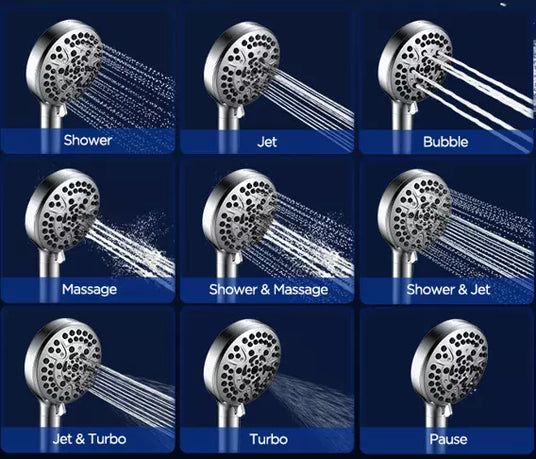This image showcases the JOMOO handheld shower set's 10 different spray settings, including options like Shower, Jet, Bubble, Massage, and Turbo. 