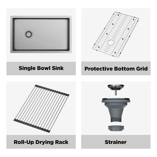 A comprehensive kitchen sink set including a single bowl sink, protective bottom grid, roll-up drying rack, and strainer, providing everything needed for an organized and efficient kitchen workflow.