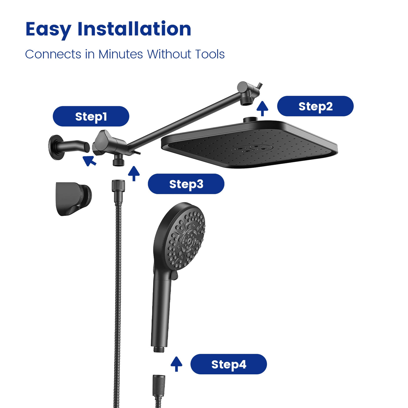 A set of images showing the four-step installation process of a black showerhead and related components. Each step is marked with numbers for easy guidance.