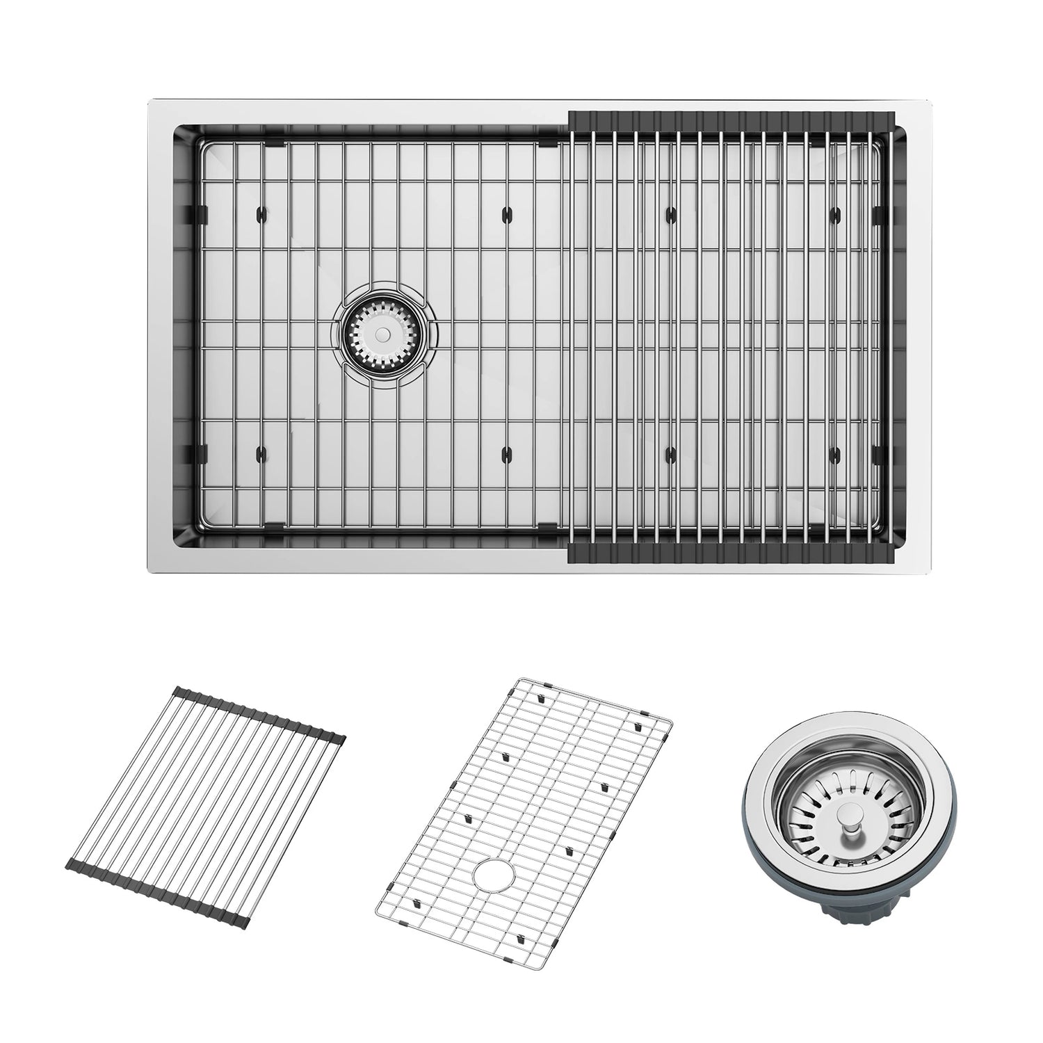This comprehensive kitchen sink set includes a durable 18-gauge stainless steel sink with a protective grid, a dish drying rack, a cutting board, and a colander.  Designed for easy cleaning and maintenance, it's perfect for enhancing your kitchen setup.