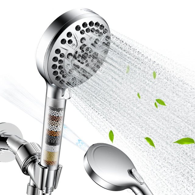 Showcasing the JOMOO handheld shower set, this image highlights its 10 functions, including a built-in water filter. 