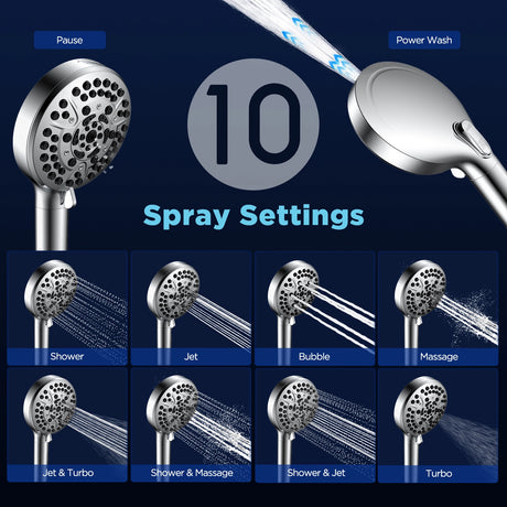The image displays the JOMOO 10-Function handheld shower set, highlighting its diverse spray settings. It showcases various modes including Pause, Power Wash, Massage, Bubble, Jet, and Turbo, among others. Each setting offers a unique water flow pattern, providing a personalized shower experience. The set includes a filter for clean water and is designed for versatile bathroom cleaning and relaxation.