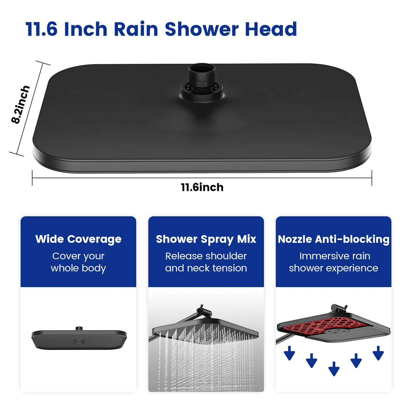Enjoy a refreshing shower with JOMOO's 11.6" square rainfall shower head. Features wide coverage, a mix of shower sprays for tension relief, and anti-blocking nozzles for an immersive experience. Perfect for a luxurious bathroom upgrade.