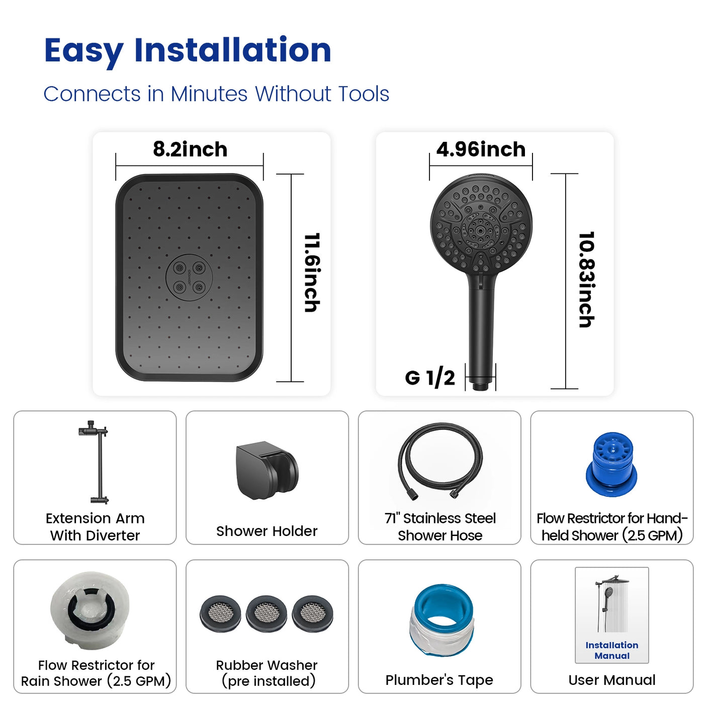 Upgrade your bathroom with JOMOO's 12" square rainfall shower combo featuring high-pressure 10 spray modes and handheld showerhead. Easy Installation: Step 1, Step 2, Step 3, Step 4. Connects in minutes without tools for a hassle-free setup.