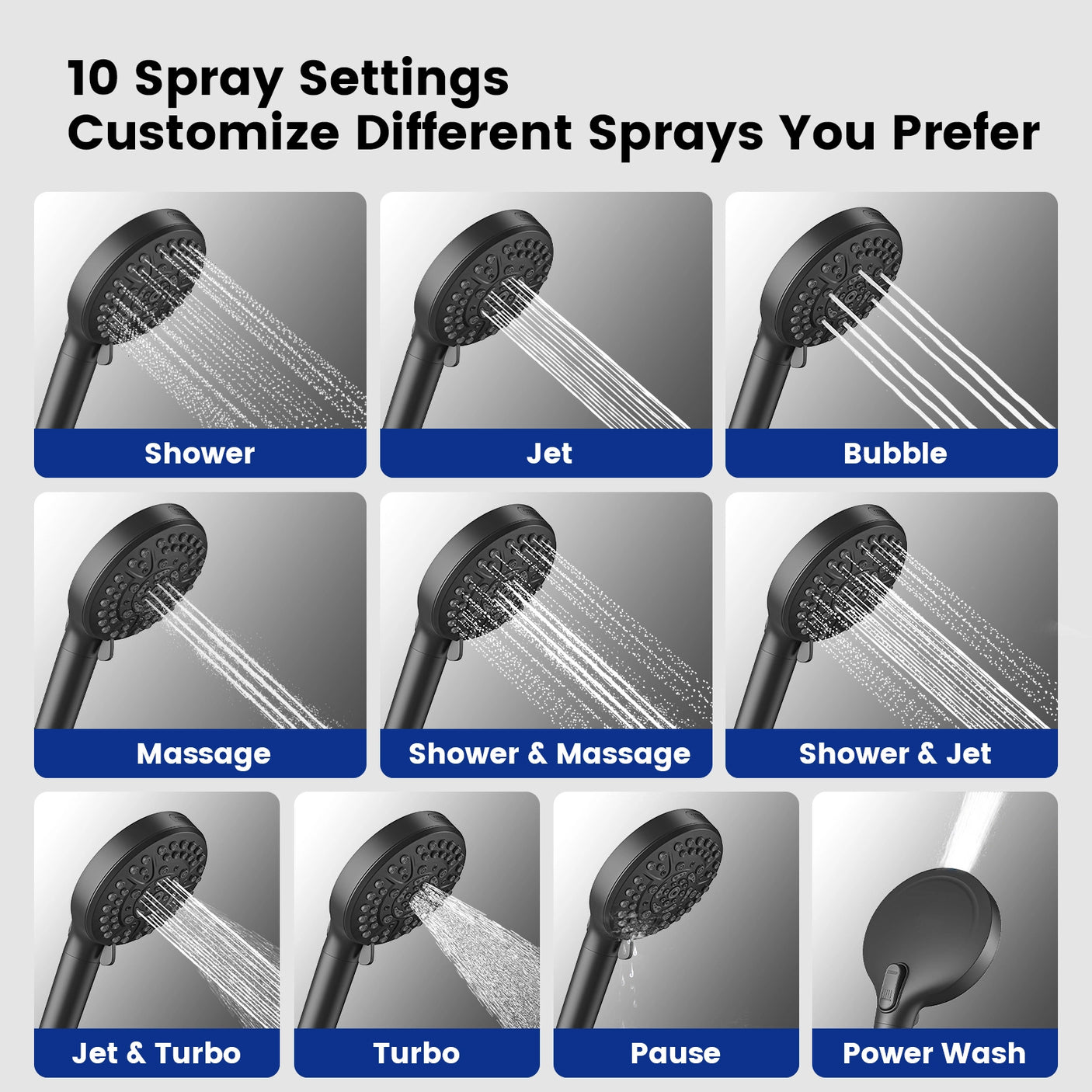 Transform your shower with JOMOO's 12" square rainfall shower combo. Enjoy 10 spray settings: Shower, Jet, Bubble, Massage, Shower & Massage, Shower & Jet, Jet & Turbo, Turbo, Pause, and Power Wash. Each mode offers a unique experience for a truly customizable shower.