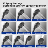 Transform your shower with JOMOO's 12" square rainfall shower combo. Enjoy 10 spray settings: Shower, Jet, Bubble, Massage, Shower & Massage, Shower & Jet, Jet & Turbo, Turbo, Pause, and Power Wash. Each mode offers a unique experience for a truly customizable shower.