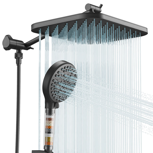Rainfall Shower Set, 12" Head & High-Pressure Handheld with 10 Spray Modes, Filtered & DOE Certified