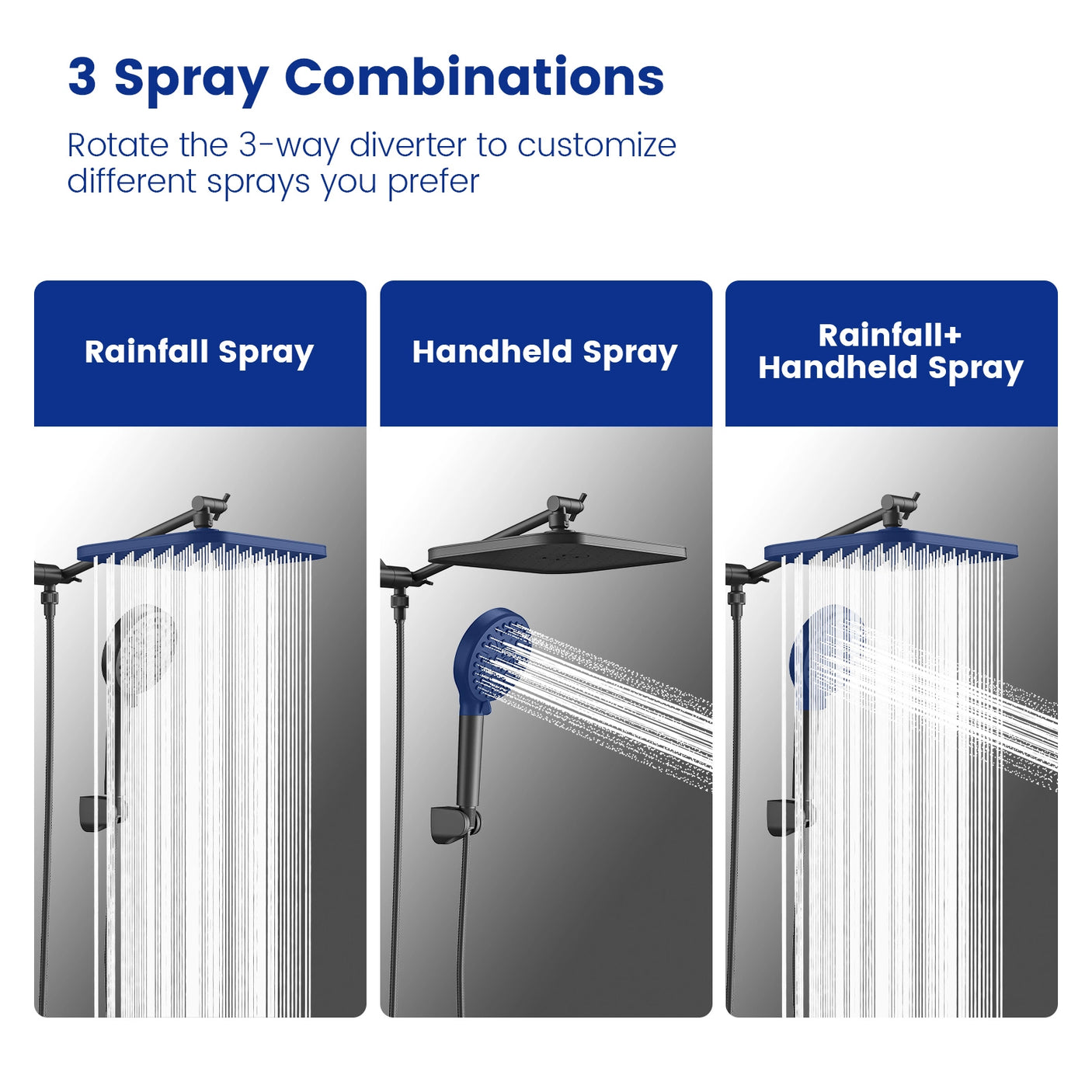 Customize your shower experience with JOMOO's 12" square rainfall shower combo. Featuring 10 high-pressure spray modes and 3 spray combinations: Rainfall Spray, Handheld Spray, and Rainfall+Handheld Spray. Rotate the 3-way diverter to switch between different sprays effortlessly.