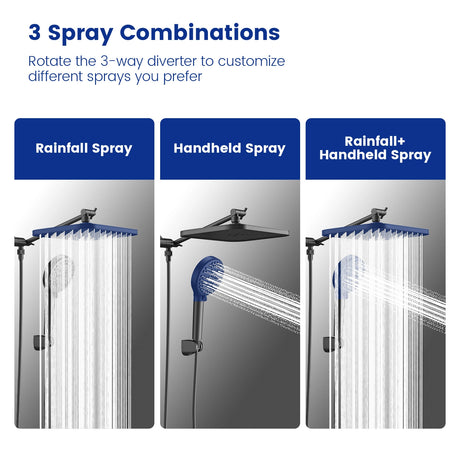 Customize your shower experience with JOMOO's 12" square rainfall shower combo. Featuring 10 high-pressure spray modes and 3 spray combinations: Rainfall Spray, Handheld Spray, and Rainfall+Handheld Spray. Rotate the 3-way diverter to switch between different sprays effortlessly.