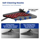 Experience maintenance-free convenience with JOMOO's 12" square rainfall shower combo. Features self-cleaning nozzles with a red high-bright thimble. Flowing Mode boosts water pressure for a powerful shower, while Non-Flowing Mode allows for self-cleaning and scale removal.