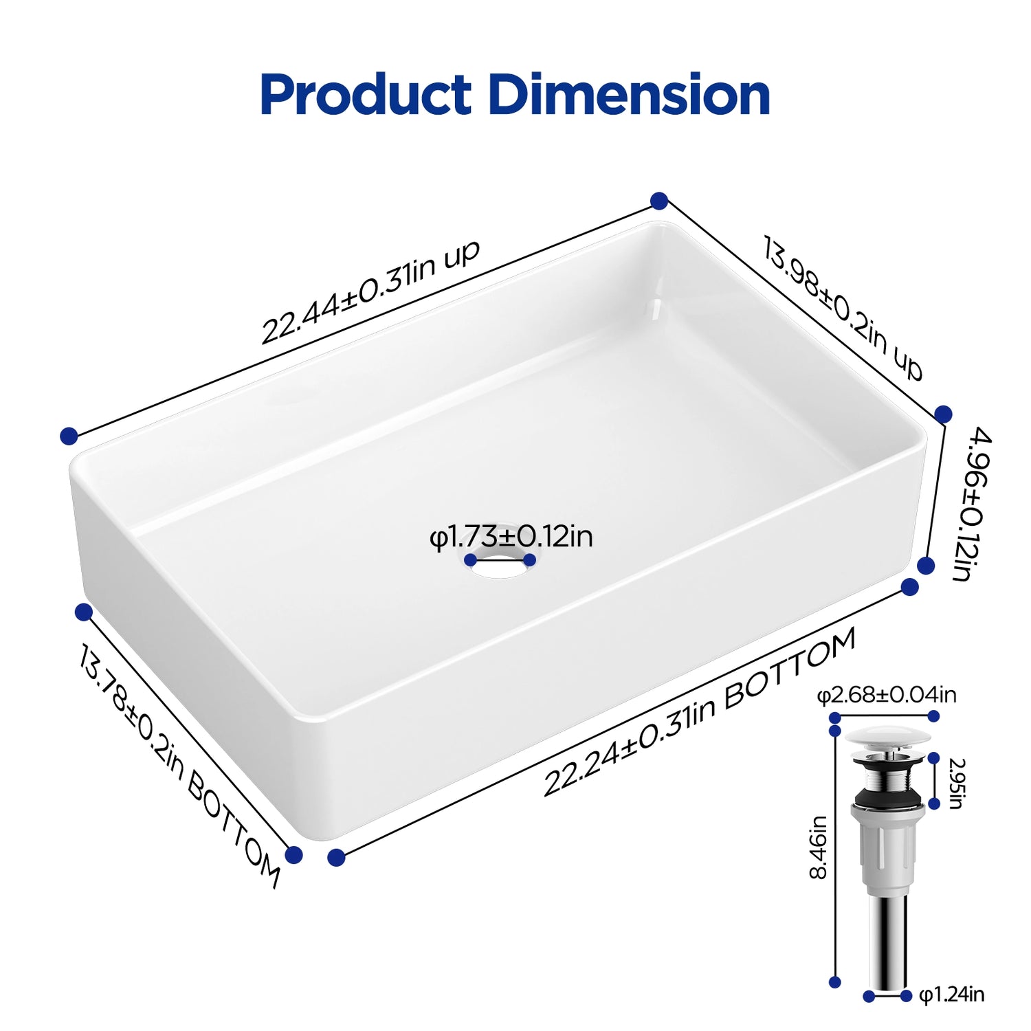 The JOMOO 22.44" rectangular ceramic vessel sink features precise dimensions for a perfect fit in any bathroom. It measures 22.44" x 13.98" x 4.96" with a 1.73" drain hole, designed for both style and functionality. Ideal for modern bathroom setups.