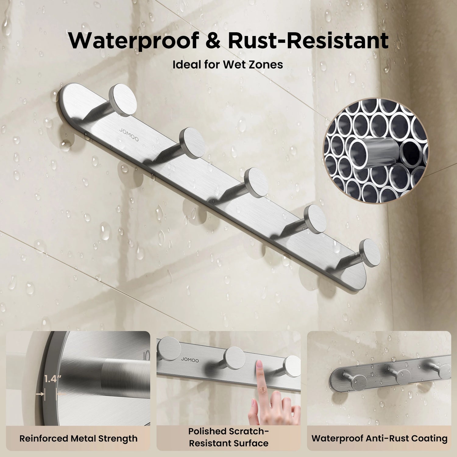 JOMOO 2 Pack Heavy Duty Adhesive Wall Hooks, Brushed Nickel (P9352G5-7CG-ID11)  - Waterproof & Rust-Resistant