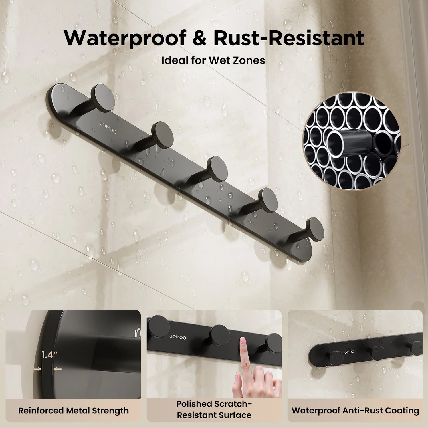 JOMOO 2 Pack Heavy Duty Adhesive Wall Hooks, Matte Black (P9352G5-P1G-ID11)   - Waterproof & Rust-Resistant
