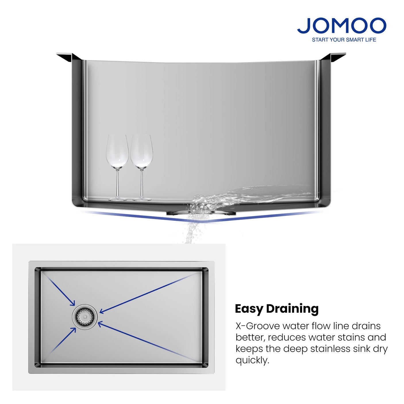 This JOMOO 30-inch kitchen sink features advanced nano coating technology for superior durability and stain resistance.  Its unique X-groove water flow design optimizes drainage, reducing water stains and keeping the sink dry quickly.  The deep basin not only looks elegant but also facilitates the washing of large utensils.  
