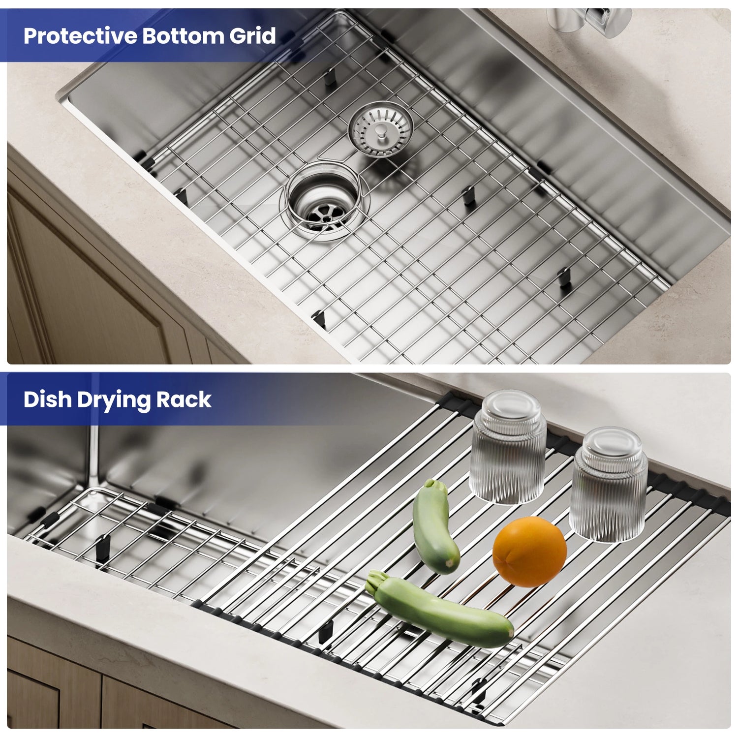 The JOMOO 30-inch kitchen sink features a protective bottom grid to prevent scratches and a convenient dish drying rack. Enjoy easy cleaning and organization with this durable, nano-coated sink.