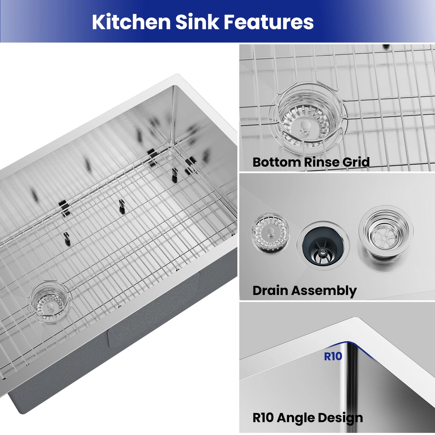 The JOMOO 30-inch single bowl kitchen sink boasts a bottom rinse grid, robust drain assembly, and an R10 angle design for easy cleaning. Made from high-quality stainless steel, it offers durability and a sleek look for any kitchen.