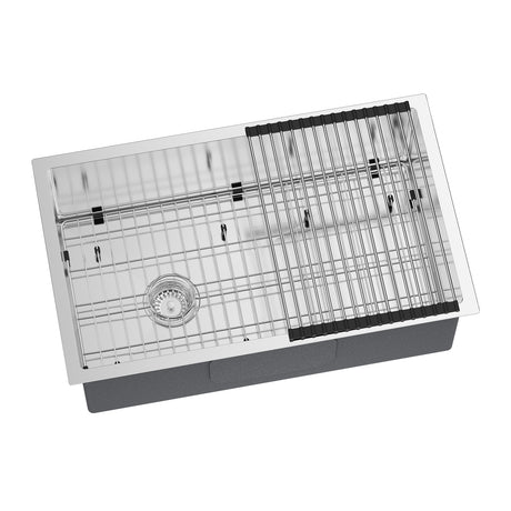 The JOMOO 30-inch single bowl kitchen sink features a durable stainless steel construction with a protective grid and a removable drying rack. It offers ample space for washing large items and ensures easy maintenance, combining functionality with a sleek design.