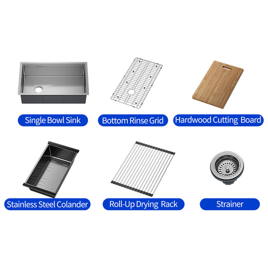kitchen sink is a comprehensive workstation. It includes a single bowl sink, stainless steel colander, bottom rinse grid, hardwood cutting board, roll-up drying rack, and strainer, offering a convenient and efficient cooking space.