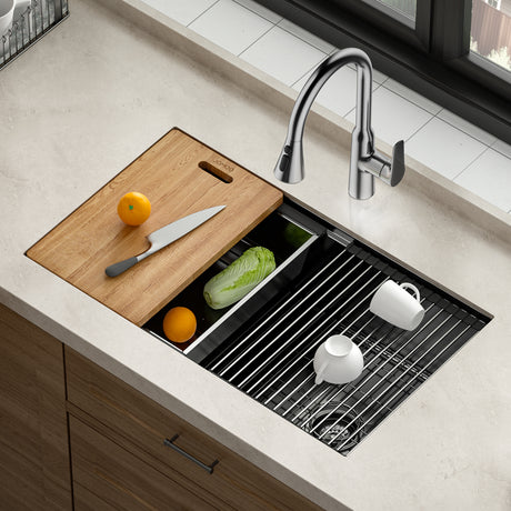 The JOMOO 32" kitchen sink features a nano-coated stainless steel design, offering a spacious workstation with a cutting board and dish rack. Its durable construction and practical layout make it perfect for efficient meal prep and cleanup.