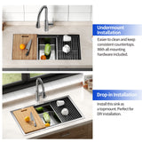  The JOMOO 32" kitchen sink features a nano-coated stainless steel finish for durability. Offers both undermount and drop-in installation options for flexibility. Includes all necessary mounting hardware for easy setup.