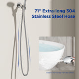 The image features the JOMOO handheld shower set's 71" extra-long 304 stainless steel hose, designed for easy and thorough cleaning. It showcases the hose's length and flexibility, highlighting how it allows users to clean larger areas with less effort. The inset demonstrates the hose's practical use in toilet cleaning, emphasizing the product's functionality and convenience.