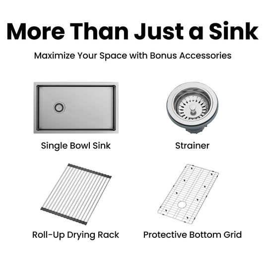 Upgrade your kitchen with more than just a sink. This comprehensive set includes a single bowl sink, strainer, roll-up drying rack, and protective bottom grid to maximize your space and functionality.