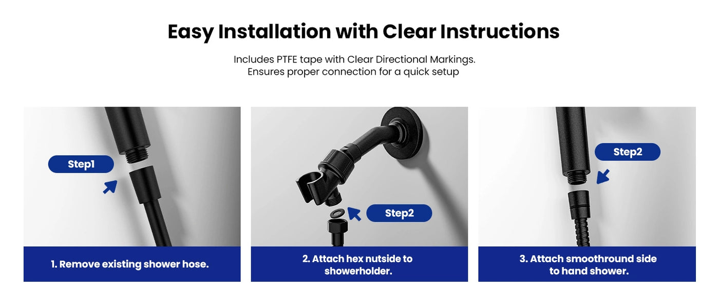 The JOMOO shower hose offers easy installation with clear steps: remove the old hose, attach the connector to the shower holder, and connect the hose to the hand shower. Included PTFE tape ensures a secure, leak-free fit.