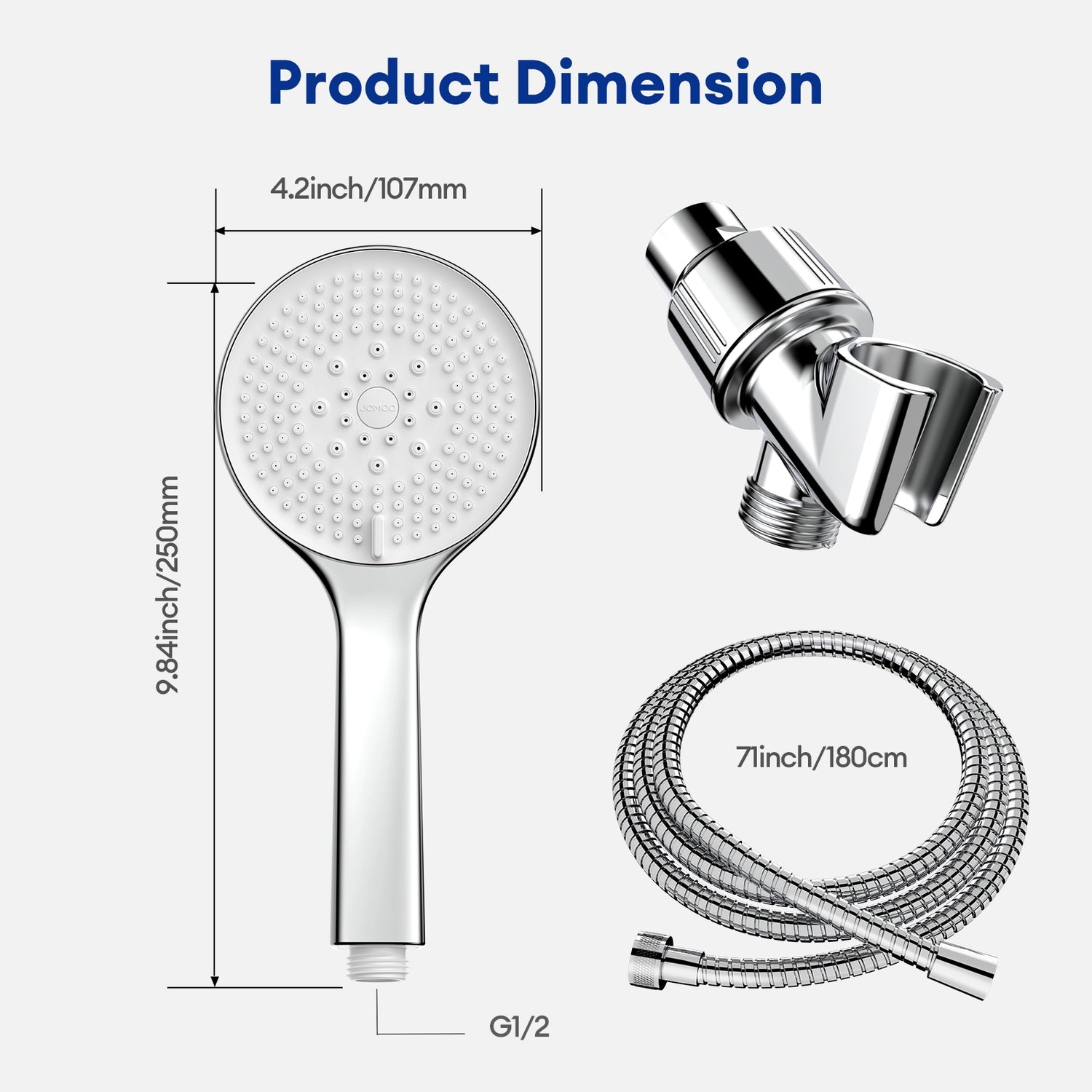 The JOMOO handheld shower head, with a 4.2-inch head and 9.84-inch length, offers 5 spray settings including a built-in power spray. It comes with a 71-inch hose and a G1/2 connector for versatile bathroom fitting. Perfect for a relaxing and customizable shower experience.