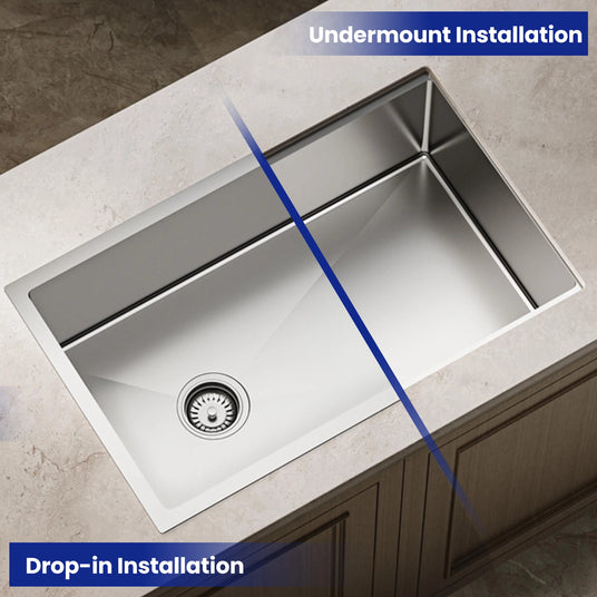 Choose between drop-in or undermount installation for your kitchen sink.  Drop-in installation is perfect for DIY with included hardware, while undermount offers easier cleaning and a sleek countertop appearance.