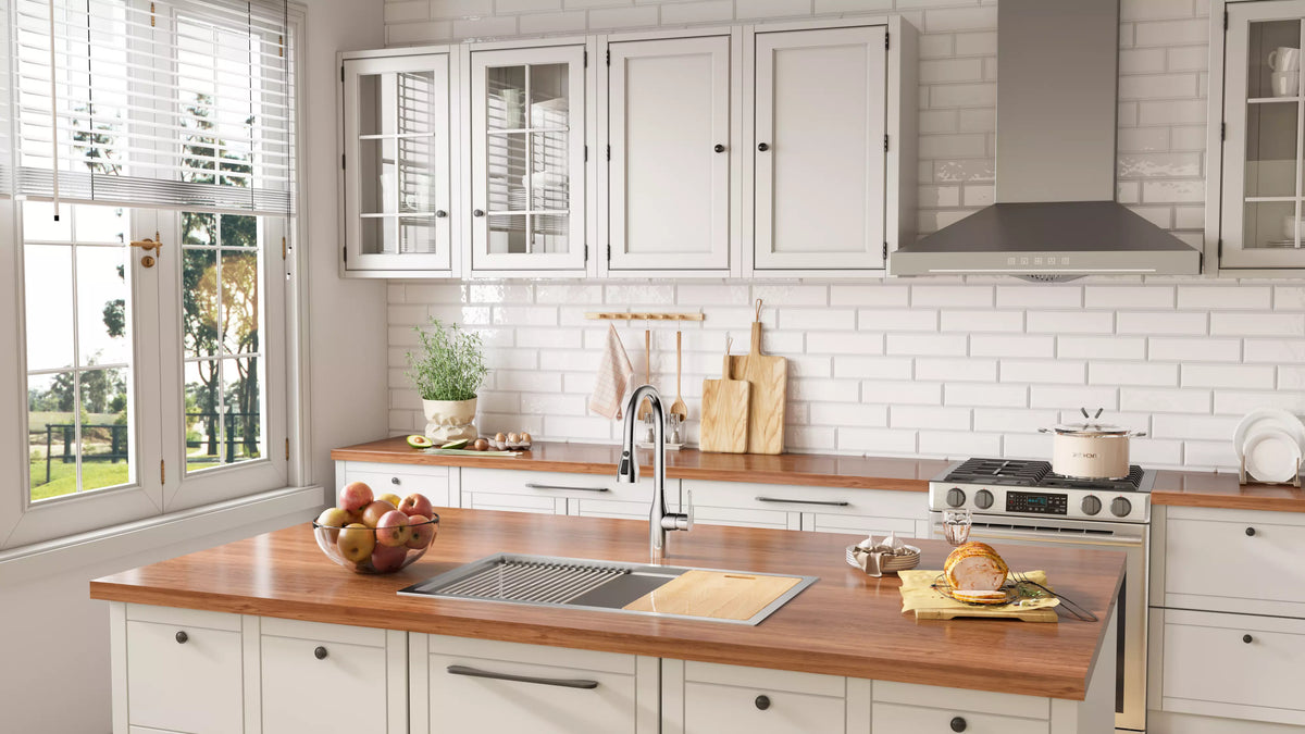 A modern kitchen featuring a sleek countertop with a built-in sink and a contemporary faucet, highlighting JOMOO's kitchenware solutions.