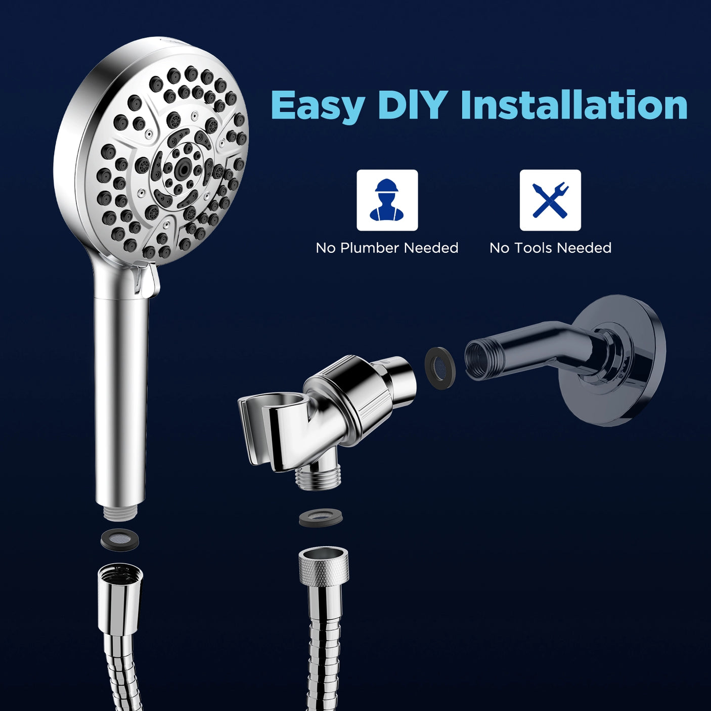 The image illustrates the ease of installing the JOMOO 10-Function handheld shower set. It emphasizes that no plumber or tools are required for setup. The visual displays the showerhead along with its detachable components, suggesting a simple and straightforward installation process. This feature makes the shower set accessible for homeowners looking for a hassle-free upgrade.
