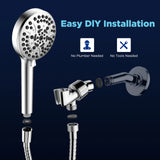 The image illustrates the ease of installing the JOMOO 10-Function handheld shower set. It emphasizes that no plumber or tools are required for setup. The visual displays the showerhead along with its detachable components, suggesting a simple and straightforward installation process. This feature makes the shower set accessible for homeowners looking for a hassle-free upgrade.