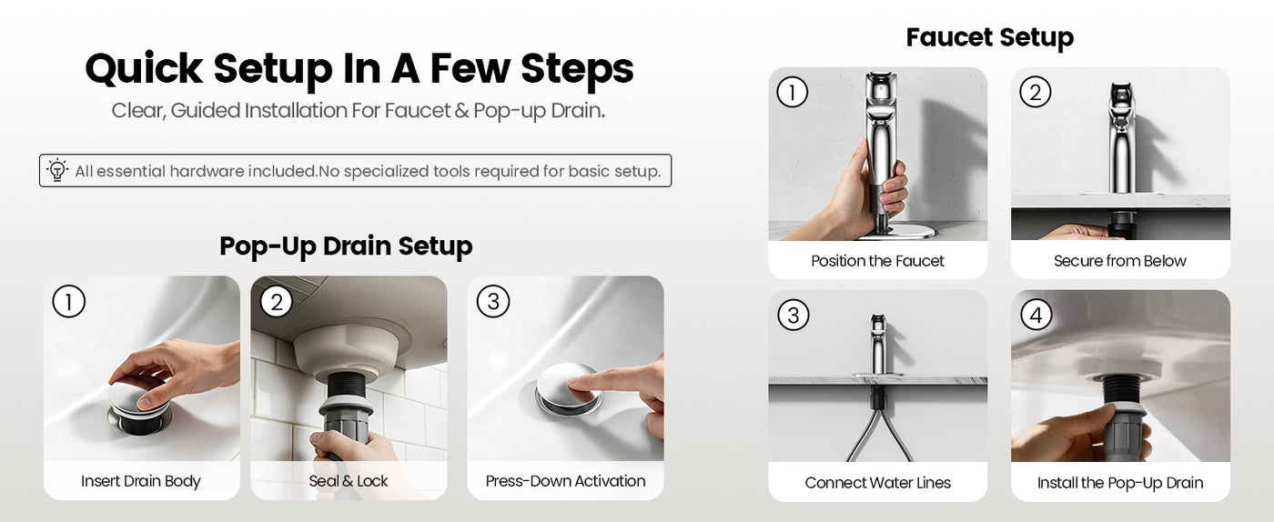 JOMOO Single Handle Bathroom Faucet can be installed in seconds for a quick and hassle-free bathroom upgrade (32775-556/1B-ID11)