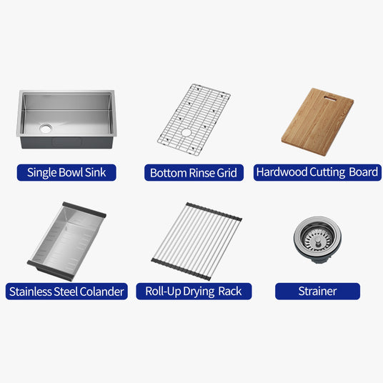 Single Bowl Sink 
Stainless Steel Colander
Bottom Rinse Grid
Hardwood Cutting Board
Roll-Up Drying Rack
Strainer