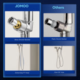 Contrast between JOMOO and other brands. Highlights JOMOO's brass shower bracket and extra-long 71" hose versus others' plastic bracket and short 59" hose.