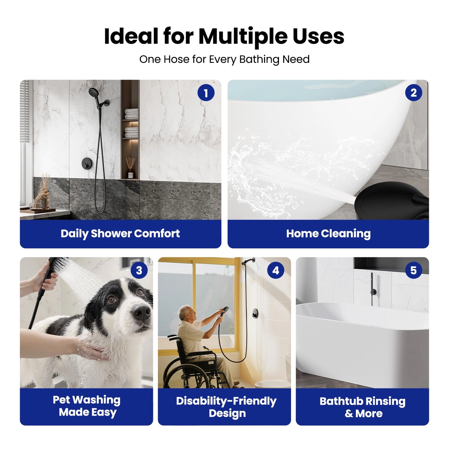 This versatile JOMOO shower hose meets various bathing needs, from daily showers and home cleaning to pet washing and disability-friendly care, offering convenience in multiple settings.