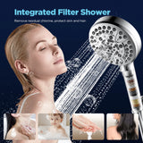 This image highlights the JOMOO 10-Function handheld shower set, emphasizing its integrated filter that removes chlorine from water. The main picture shows a woman enjoying a shower, with insets depicting a child in a bath, hands being washed, and a close-up of the filter. The set promises to protect skin and hair, enhancing the shower experience with its multifunctional spray settings and powerful wash feature.