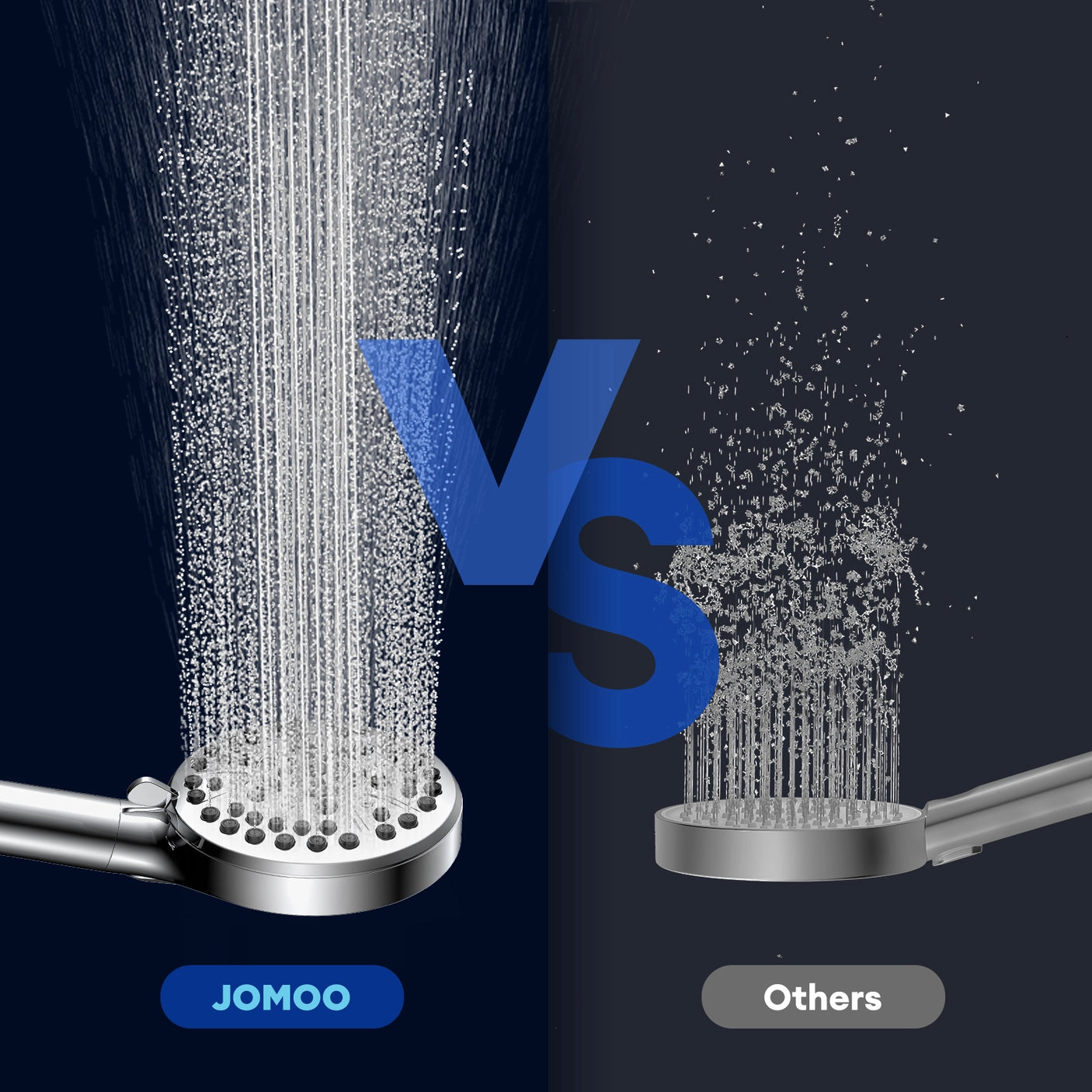 This image compares the water flow of the JOMOO 10-Function handheld shower set against a competitor's product. The JOMOO shower delivers a dense, even spray, while the other brand shows a more dispersed and less powerful flow. The visual emphasizes JOMOO's superior performance in providing a more satisfying and efficient shower experience.