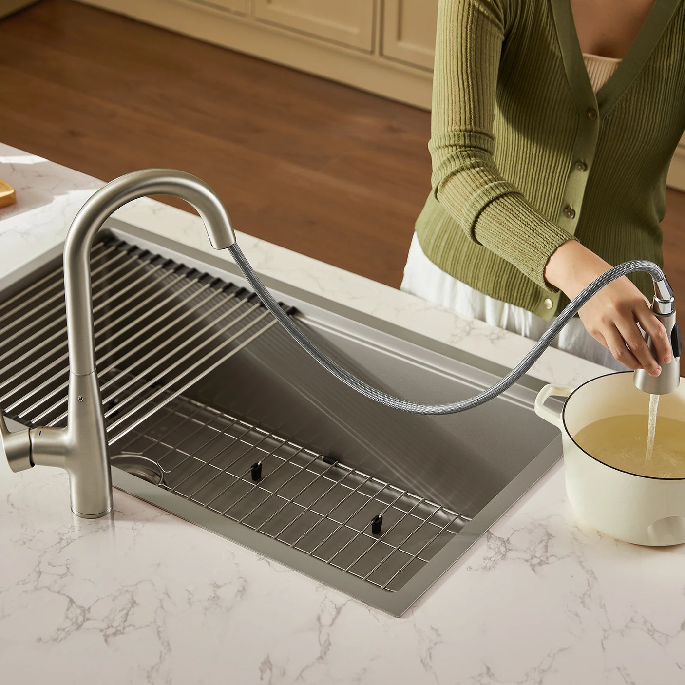 JOMOO Brushed Nickel Kitchen Faucet with Pull Down Sprayer, Single Handle Stainless Steel Sink Tap, Dual Mode