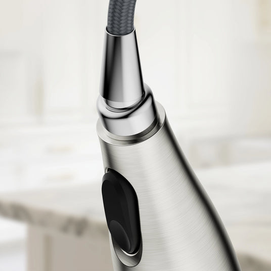 This JOMOO faucet features a 360° swivel spout for easy cleaning from every angle and a modern brushed nickel finish that resists fingerprints.