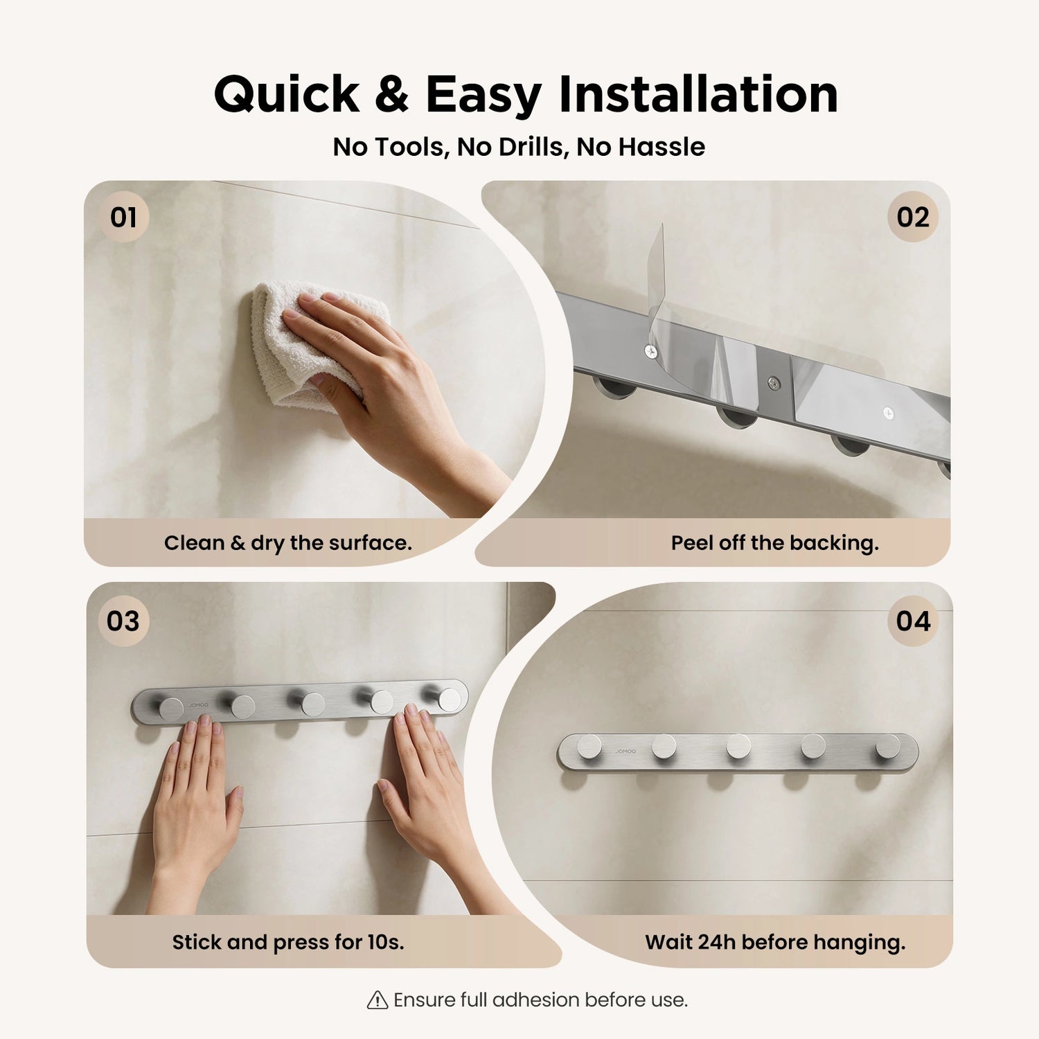 The Installation of JOMOO 2 Pack Adhesive Wall Hooks, Brushed Nickel (P9352G5-7CG-ID11)