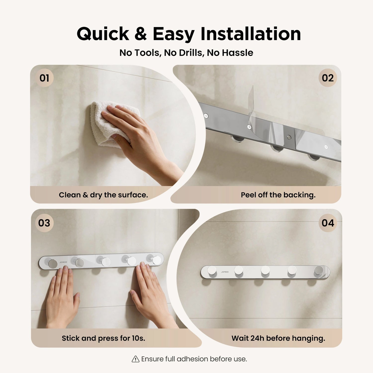 The Installation of JOMOO 2 Pack Adhesive Wall Hooks, Chrome (P9352G5-ABG1-ID11) 