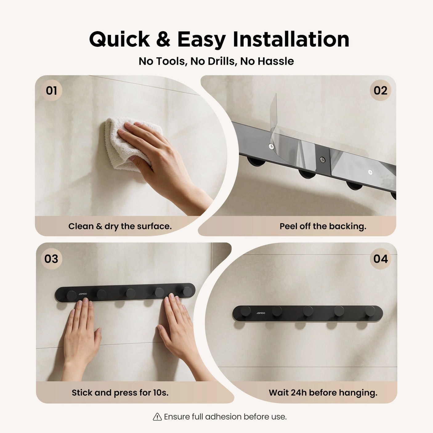 The Installation of JOMOO 2 Pack Adhesive Wall Hooks, Matte Black (P9352G5-P1G-ID11) 