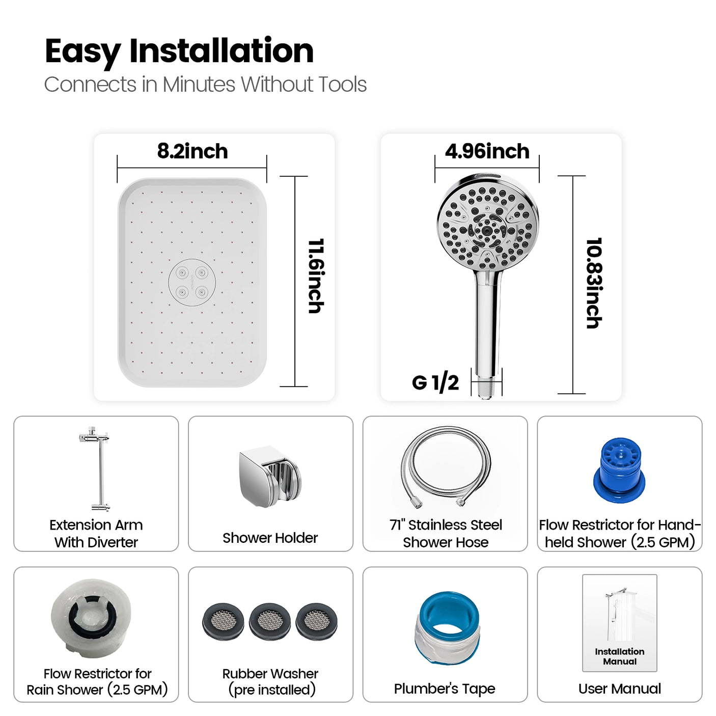 The Package of JOMOO 12" Rain Shower Head & Handheld Combo Includes (S270010-2C02-ID11)